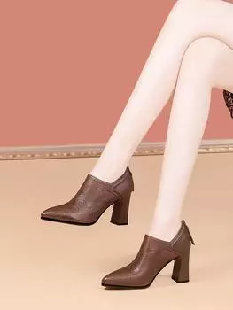 Модные женские туфли на высоком каблуке, осень 2024, новые однопедальные туфли с глубоким носком, французские туфли с острым носком и толстым каблуком 34 чёрный