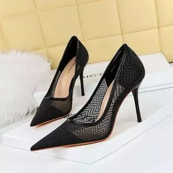 Модные женские туфли на высоком каблуке, острые сексуальные сетчатые туфли с открытым носком и кружевом 34 черный белый