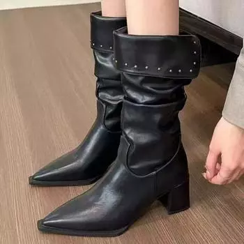 модные женские туфли на высоком каблуке, полусапожки с острым носком, кожаные туфли 2025 года, дизайнерские новые тенденции моды, туфли-лодочки Chelsea Chunky Snow Botas Mujer 35 бежевый