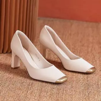 Модные женские туфли на высоком каблуке с квадратным носком 2025 года, новые тенденции для офисных вечеринок, элегантные повседневные туфли из натуральной кожи, туфли-лодочки Zapatillas Mujer 34 бежевый