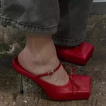 Модные женские туфли на высоком каблуке с бантом, сексуальные дизайнерские туфли-мюли с квадратным носком, тренд 2024 года, новые босоножки-лодочки для вечеринок, роскошные женские шлепанцы 35 красный