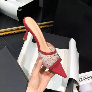 Модные женские туфли на высоком каблуке с рисунком «рыбьего рта» 2024 года, сетка, стразы, заостренный нос, модные туфли с открытым носком, на тонком каблуке, универсальные, Zapatos Mujer 35 бежевый