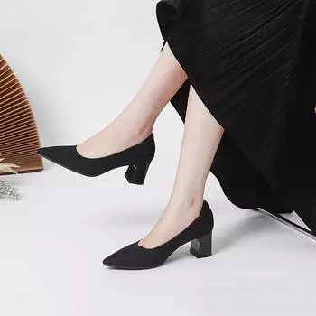 Модные женские туфли на высоком каблуке с острым носком, весна-осень 2025 г., новые мягкие трикотажные дышащие и удобные рабочие туфли на резиновой подошве 35 абрикосовый