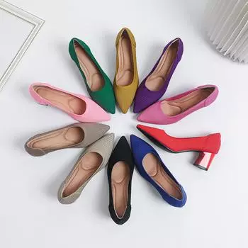 Модные женские туфли на высоком каблуке с острым носком, весна-осень 2025 г., новые мягкие трикотажные дышащие и удобные рабочие туфли на резиновой подошве 35 абрикосовый