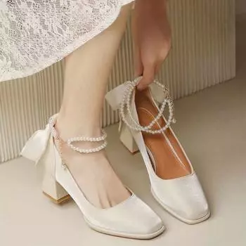 Модные женские туфли на высоком каблуке с элегантным бантом и квадратным носком, черные модные женские туфли-лодочки на толстом каблуке для свадебной вечеринки с жемчужным кружевом для женщин 34 красный