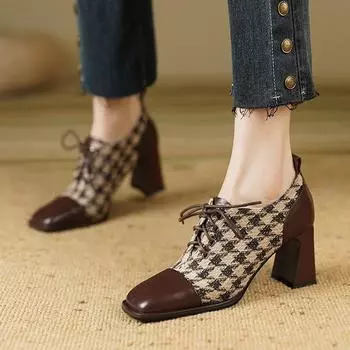 модные женские туфли на высоком каблуке с квадратным носком, дизайнерские кожаные туфли на толстом каблуке, женские туфли 2024 года, трендовые осенние туфли-лодочки, элегантные туфли-лодочки Mujer Zapatos 34 коричневый