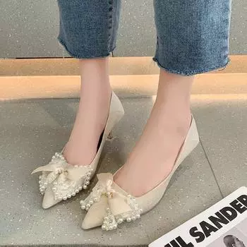 Модные женские туфли на высоком каблуке с жемчужными нитями, кружевные туфли-лодочки с бантом, металлические, золотые, каблук свадебные туфли женские, блестящие, тканевые, когти, хауты 35 чёрный