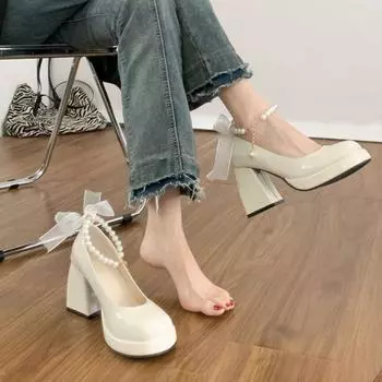 Модные женские туфли на высоком каблуке с элегантными бантами, женские туфли на толстом каблуке, женские босоножки в стиле ретро с квадратным носком и жемчугом 37