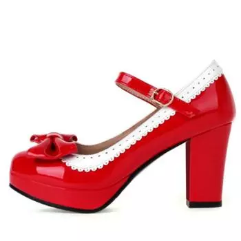 Модные женские туфли на высоком каблуке в стиле Лолита Мэри Джейн, большие размеры, элегантные милые туфли с бантом, черные, красные, розовые, на каблуке, для офиса и свадьбы, для девочек 34 чёрный