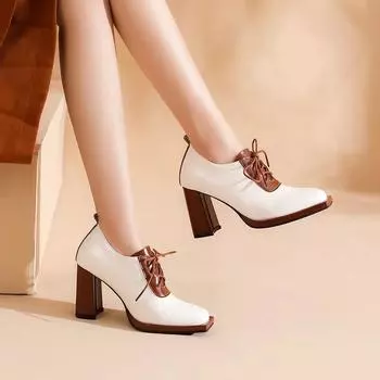 Модные женские туфли на высоком каблуке в стиле ретро со шнуровкой и перекрестными шнурками на щиколотке, мотоциклетные ботинки для верховой езды, женские короткие ботинки на толстом каблуке 2024 34 чёрный