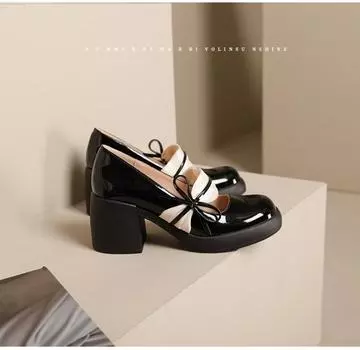 Модные женские туфли на высоком каблуке, весна-осень 2024, новые женские туфли Мэри Джейн в британском стиле с бантом, пумо на толстом каблуке с неглубоким носком 36 бежевый