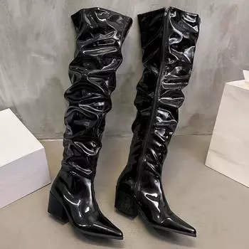 модные женские туфли на высоком каблуке выше колена, сексуальные туфли с острым носком, дизайнерские туфли на зиму 2025 года, кожаные туфли-челси, повседневные туфли-лодочки Botas Mujer 35 чёрный