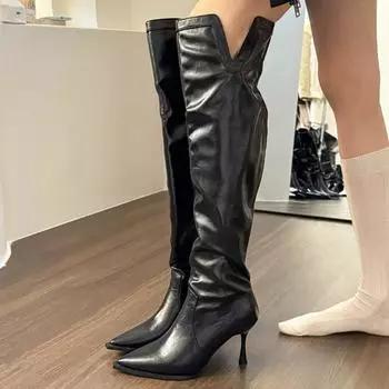 модные женские туфли на высоком каблуке выше колена высокие сапоги сексуальные заостренные носки кожаные туфли женские зима 2025 тренд новые готические туфли на шпильках Botas Mujer 35 бежевый