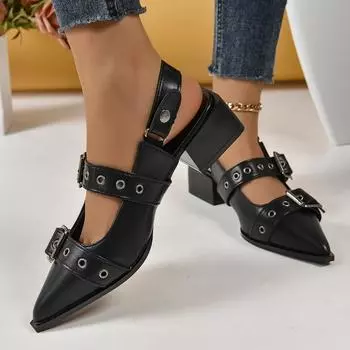 Модные женские туфли на высоком каблуке, женские туфли на толстом каблуке в стиле панк, босоножки с неглубокой пряжкой, модные женские туфли на подтяжках в стиле ретро 38 чёрный