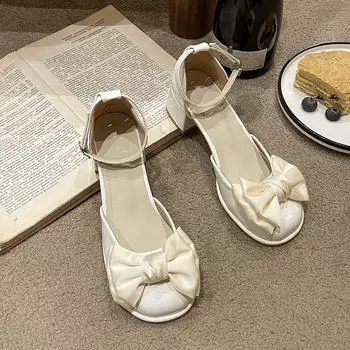 Модные женские туфли-одиночки, осенние, новые, с круглым носком, с неглубоким воротом, с узлом-бабочкой и толстым каблуком 35 белый