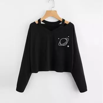 Модные женские туфли повседневные с принтом планеты с длинным рукавом блузка укороченные топы рубашка L чёрный