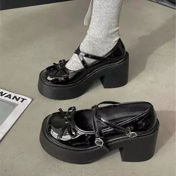 Модные женские туфли японские JK туфли на высоком каблуке из французской кожи, увеличивающие рост, 2024, новые туфли-бабочки на толстом высоком каблуке Mary Jane Single Shoes 35 бежевый