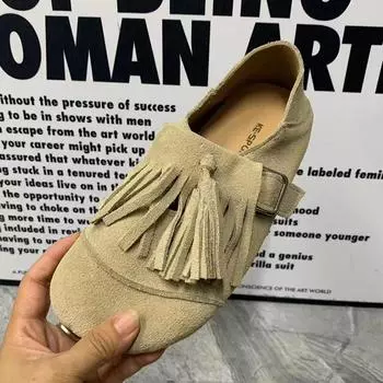 Модные женские туфли с кисточками Большие размеры Повседневные женские мокасины Кожаные женские туфли на плоской подошве Дизайнерские Mullers 43 бежевый