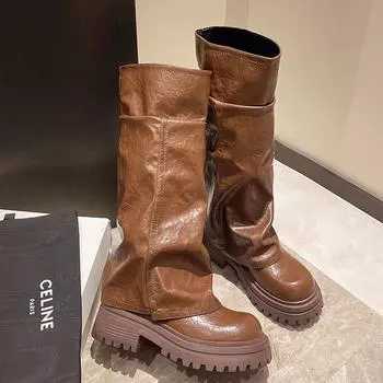 Модные женские туфли с круглым носком 2024 года, новые модные однотонные износостойкие женские сапоги длиной до колена Botines De Mujer 35 чёрный