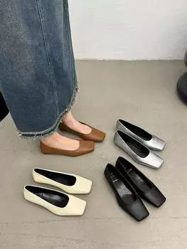 Модные женские туфли с квадратным носком, новинка 2024 года, бежевые, коричневые, серебристые, черные, неглубокие, без застежек, туфли на низком каблуке, повседневные туфли для вечеринок 5.5 чёрный