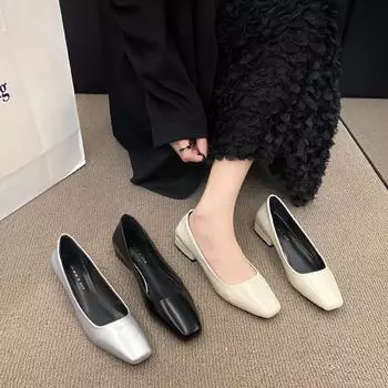 Модные женские туфли с квадратным носком, новинка 2024 года, бежевые, коричневые, серебристые, черные, неглубокие, без застежек, туфли на низком каблуке, повседневные туфли для вечеринок 35 бежевый
