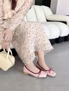 Модные женские туфли с квадратным носком, розовые, бежевые, зеленые, желтые, повседневные балетки с бантом, модные туфли, размер 35-39, на низком каблуке 5.5 зелёный