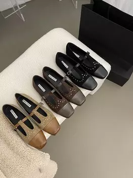 Модные женские туфли с квадратным носком, женские туфли на плоской подошве, черные, коричневые, цвета хаки, повседневная обувь для улицы, женские туфли 2024 года, новые поступления, туфли-лодочки для вечеринок 39 5.5 чёрный