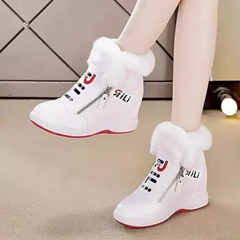 Модные женские туфли с мехом кролика 7 см внутри, осенне-зимние теплые хлопковые туфли, толстая подошва, танкетка, двойная молния, повседневные туфли, зимние ботинки 35 бежевый