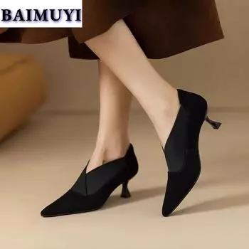 модные женские туфли с острым носком на шпильках замшевые мокасины зимние дизайнерские туфли 2025 года новые сексуальные элегантные туфли-лодочки для вечернего платья Zapatillas Mujer 35 чёрный