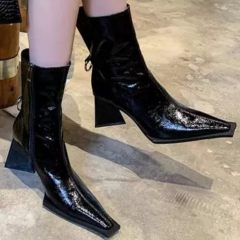 Модные женские туфли с острым носком на высоком каблуке 2024 года, осень-зима, новые повседневные универсальные женские ботинки на квадратном каблуке Botas De Mujer 35 чёрный
