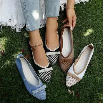 Модные женские туфли с острым носком, вязаные сандалии на плоской подошве с бантом 2024 года, повседневная осенняя удобная обувь, модные брендовые женские туфли-лоферы 35 белый