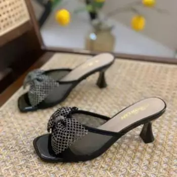 Модные женские туфли с сетчатым бантом на высоком каблуке, новые французские повседневные полые женские сандалии, дизайнерские повседневные женские тапочки 35