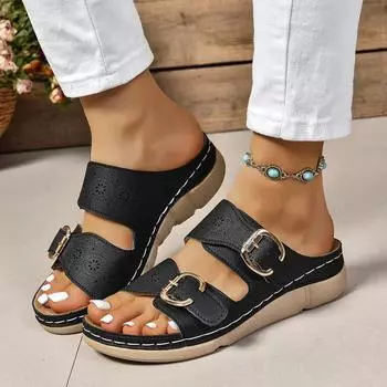 Модные женские туфли с закрытым носком, летние туфли 2024 года, новые удобные женские сандалии на танкетке с двойной пряжкой, повседневные тапочки больших размеров для женщин 35 бежевый