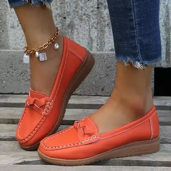Модные женские туфли Slip On Soft Leather Sneakers Plus Size Flat Shoes Female Low Heels Chaussure Femme 2024 New White Loafers Women 35 оранжевый