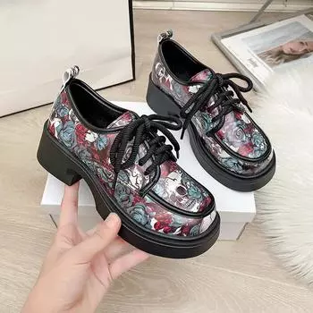 Модные женские туфли в стиле ретро с круглым носком и принтом, на шнуровке, с низким верхом, на толстом среднем каблуке, удобные туфли Мэри Джейн с толстой подошвой 35 чёрный