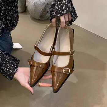 Модные женские туфли в стиле ретро с острым носком, высококачественные кожаные туфли, туфли Мэри Джейн, женские новые босоножки на толстом каблуке с неглубокой пряжкой 35 коричневый