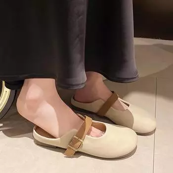 модные женские туфли весна/лето новые ретро Баотоу неглубокий носок одна линия пряжка ремешок Мэри Джейн маленькие кожаные туфли полутапочки 35 бежевый