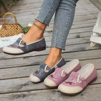 Модные женские удобные вышитые туфли в этническом стиле, льняные туфли с круглым носком и мелкой мягкой подошвой, дышащие туфли на плоской подошве 36 серый