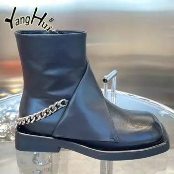 Модные женские уличные ботильоны в современном стиле 2024 года, новые модные туфли на квадратном каблуке из мягкой кожи с удобными цепочками и аксессуарами на платформе 35