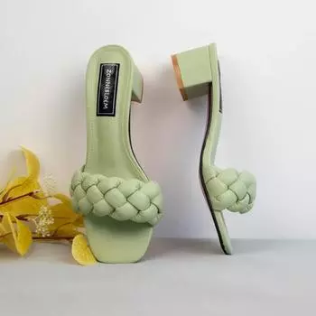 модные женские уличные тапочки на толстом каблуке 2024 года, летние женские сандалии на квадратном каблуке высотой 5 см, однотонные кожаные плетеные модные дизайнерские шлепанцы 36 синий