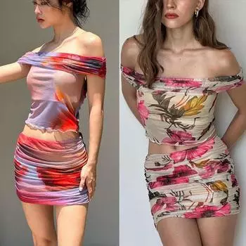 Модные женские узкие топы с открытыми плечами и юбка с цветочным принтом, комплект из двух частей, комплекты юбок S фиолетовый