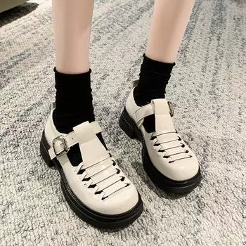 Модные женские весенне-летние туфли-лоферы, новые туфли-лодочки из искусственной кожи в японском стиле на среднем каблуке, повседневные туфли Мэри Джейн с толстой подошвой и ажурной плетеной подошвой 35 бежевый