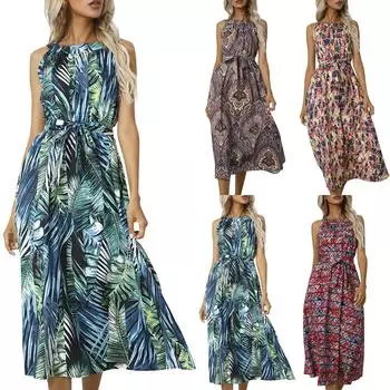 Модные женские весенние и летние платья-туники без рукавов с цветочным принтом XL кофейный