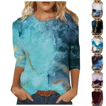 Модные женские весенние повседневные футболки средней длины с принтом и рукавами с круглым вырезом XL синий