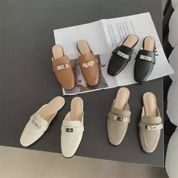 Модные женские весенние сандалии Muller на плоской подошве с пряжкой-замком, закрытый носок, полутапочки - лето 2023 г., корейский стиль 39 серый