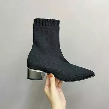 модные женские вязаные ботильоны с острым носком эластичные толстые каблуки модные носки короткие женские ботинки 35 чёрный