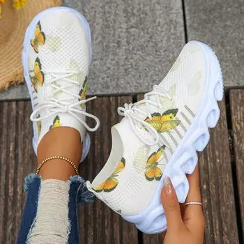 Модные женские вязаные кроссовки с принтом бабочек, дышащая сетчатая спортивная обувь для женщин 2024 года, новые легкие кроссовки на нескользящей платформе 36 бежевый