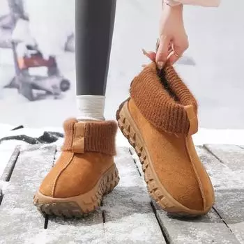 Модные женские вязаные зимние сапоги с манжетами 2024 года, новые зимние утепленные меховые сапоги, нескользящие, на толстой подошве, женские хлопковые туфли Zapatos 35 абрикосовый
