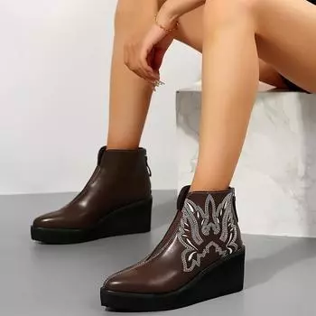 Модные женские вышитые ботильоны с острым носком на танкетке и платформе 2024 года, дизайнерская новая обувь для ходьбы, брендовое платье Mujer Zapatos 36 коричневый