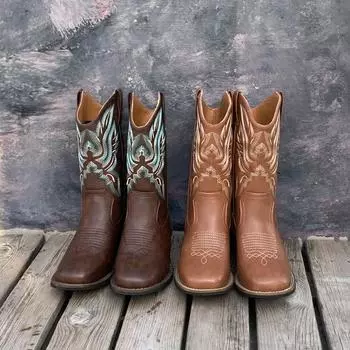 модные женские вышитые ковбойские сапоги кожаные ковбойские сапоги средней длины зимние сапоги на толстом каблуке женские осенние туфли Botas Chelsea 35